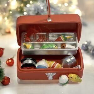 Miniature Fishing Tackle Box Ornament Red Resin Bobbers Lures Fish Decor 3.5"